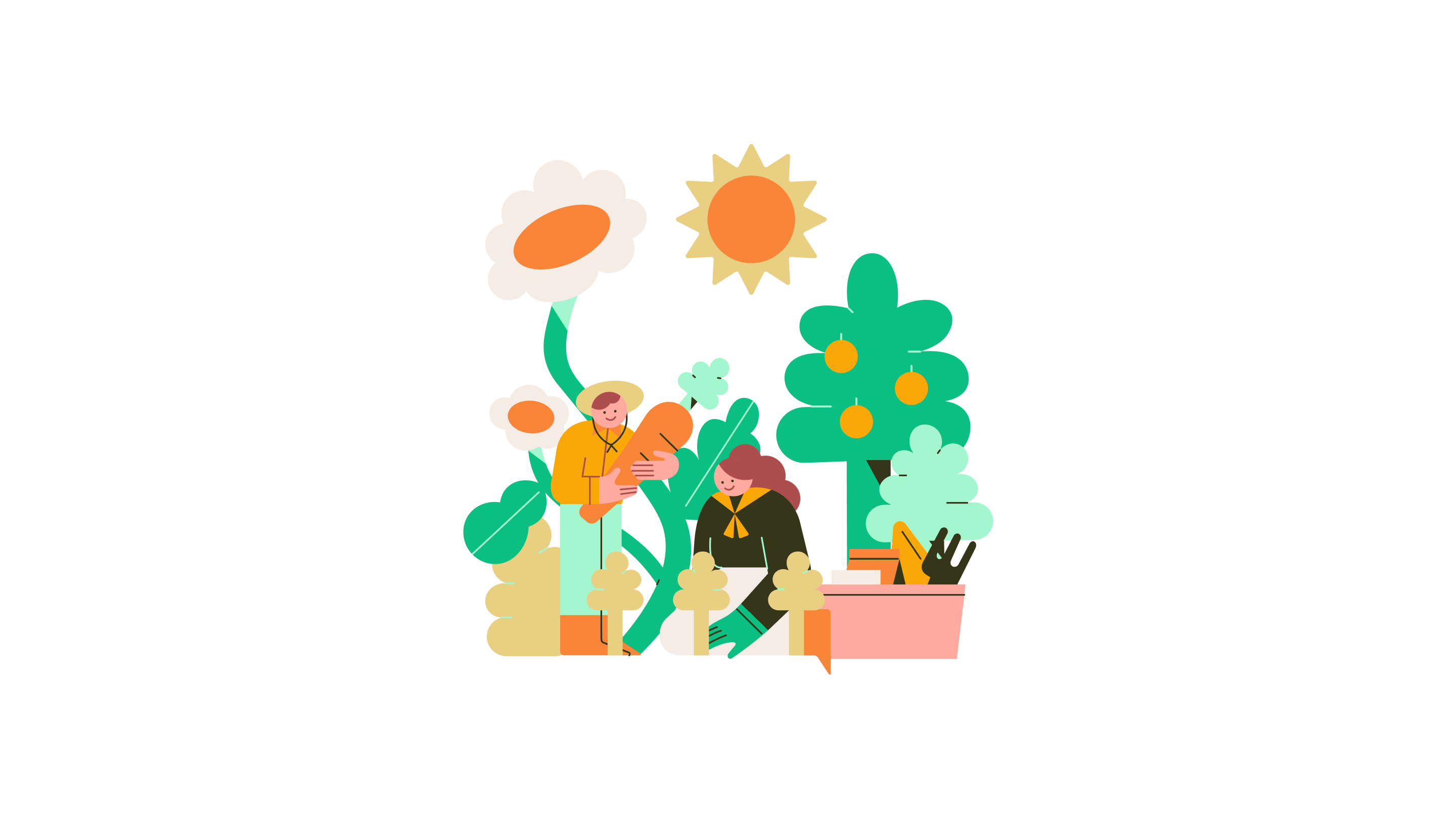 Two people happily harvest fresh produce and plants together in a sunny garden.