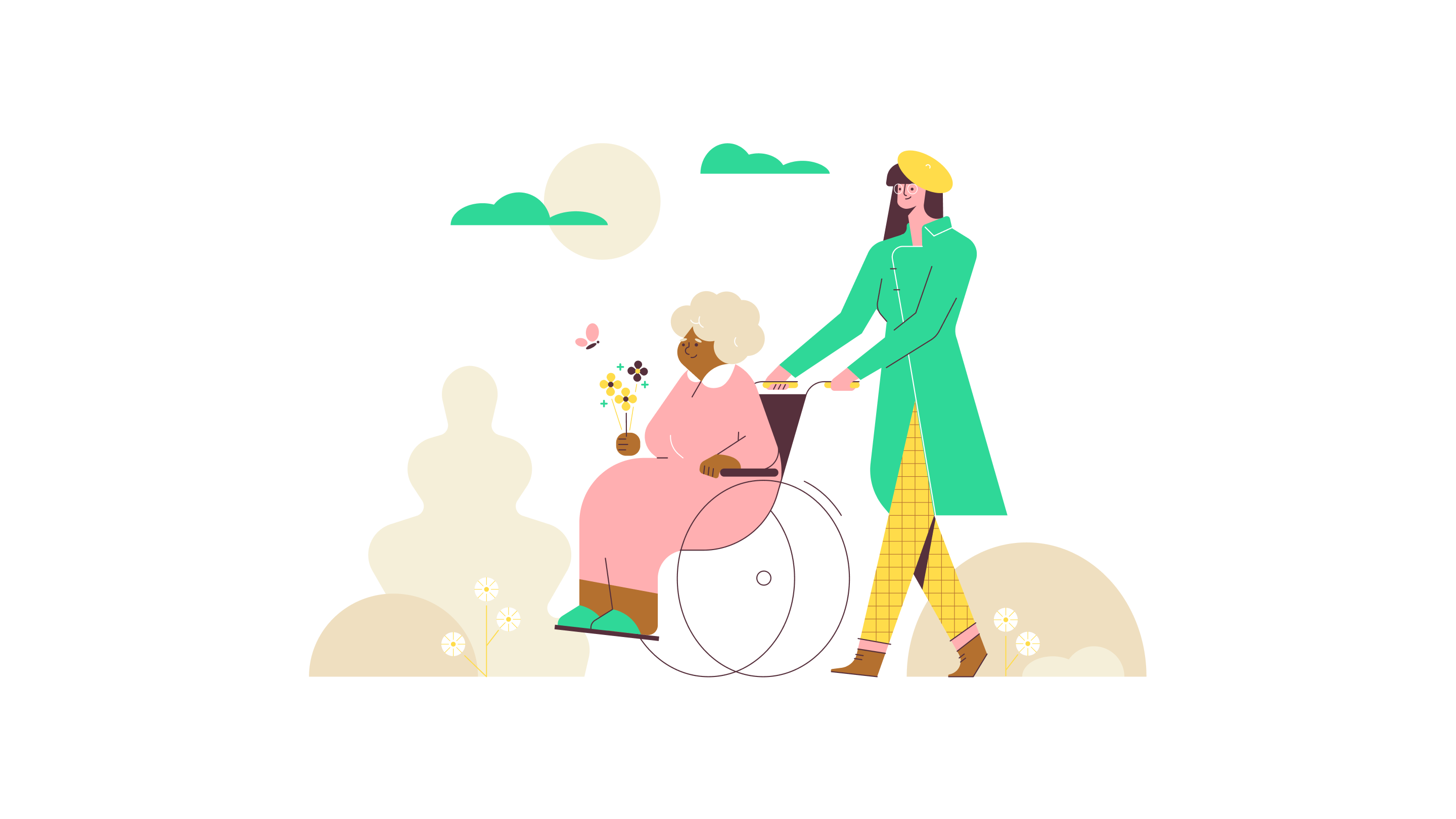A volunteer pushes an elderly woman in a wheelchair during a peaceful outdoor walk.