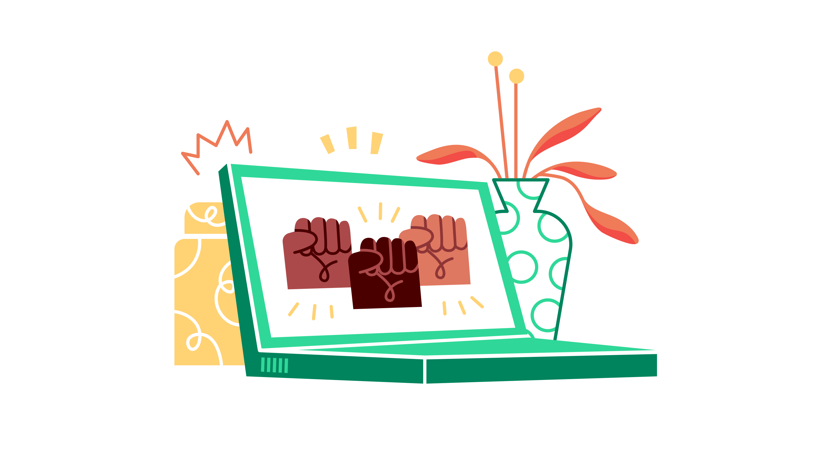 A laptop screen displays an illustration of raised fists next to a decorative vase and patterned shapes