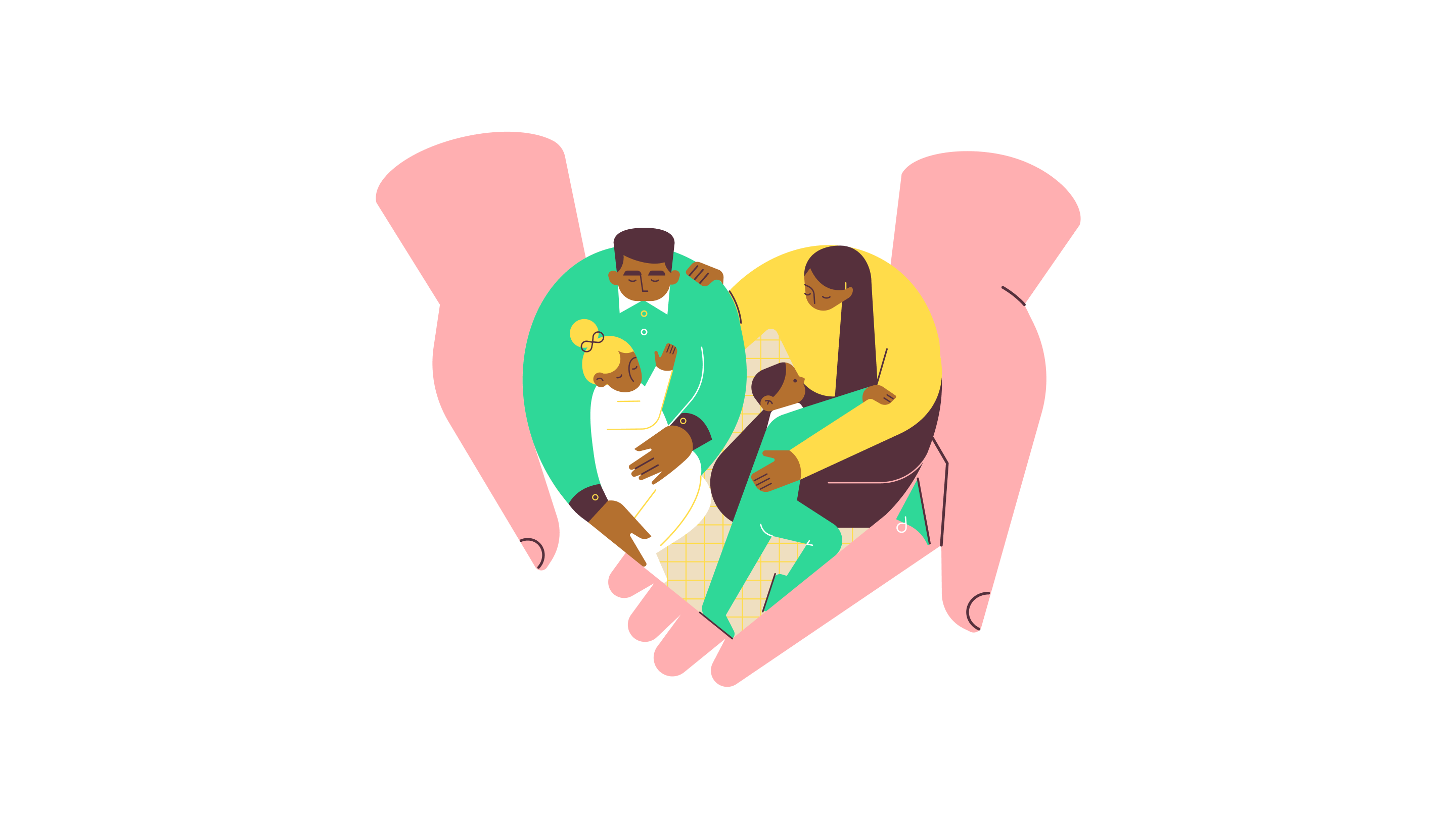 A pair of large pink hands gently cradles a diverse, loving family at the centre.