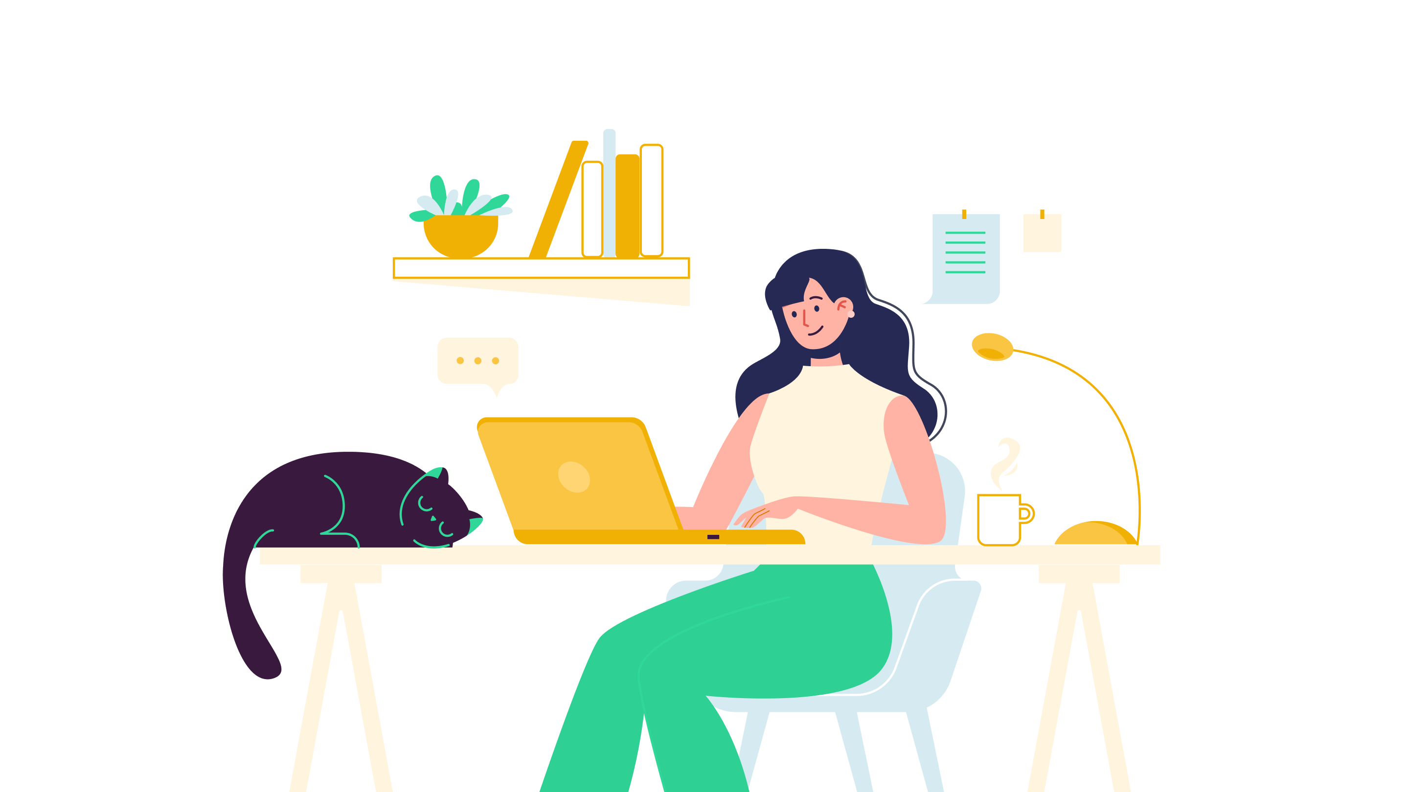 A woman works on her laptop at a desk with a sleeping cat, books, and a lamp nearby.