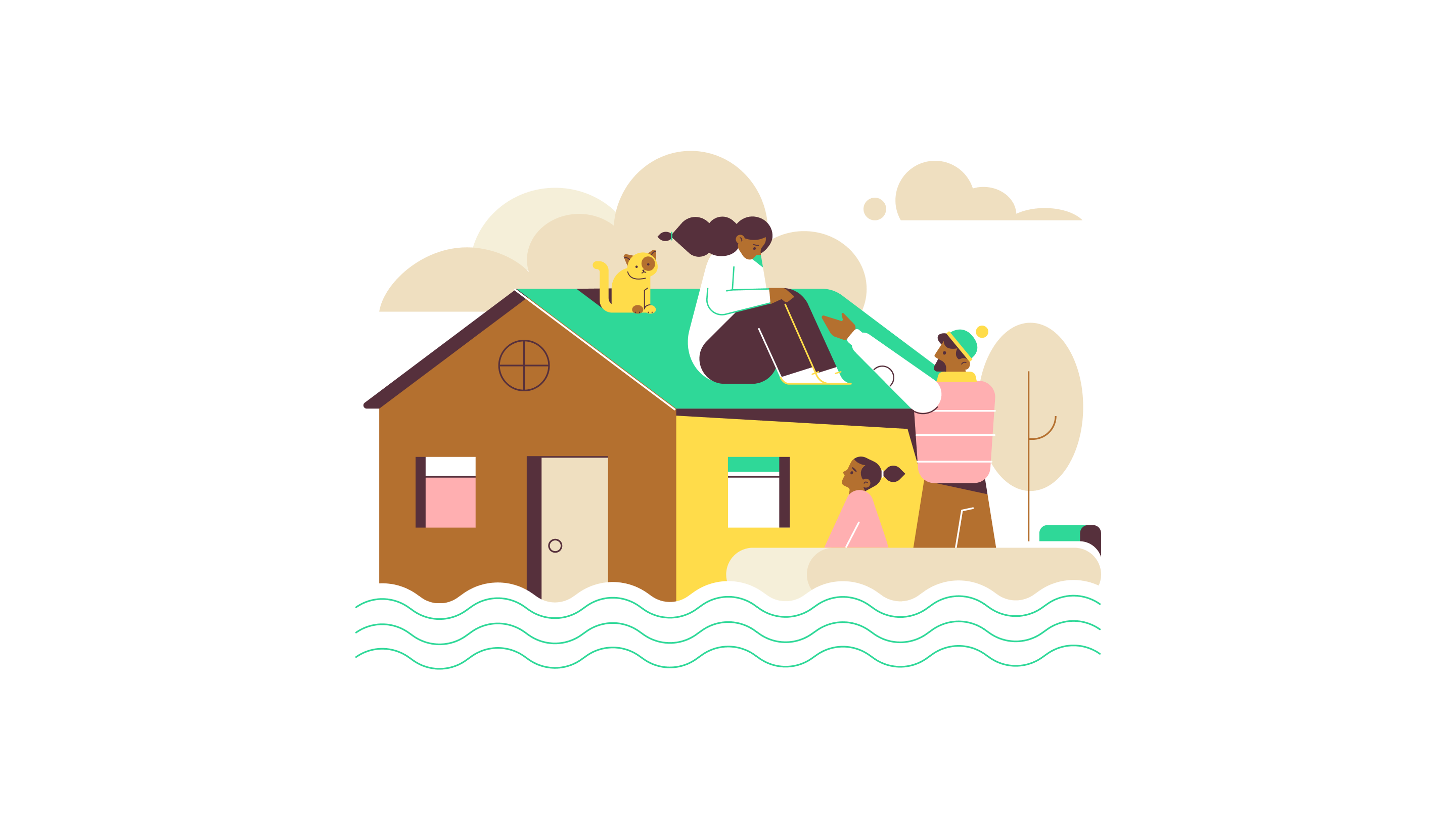 People support each other on and around the roof of a house during a flood.