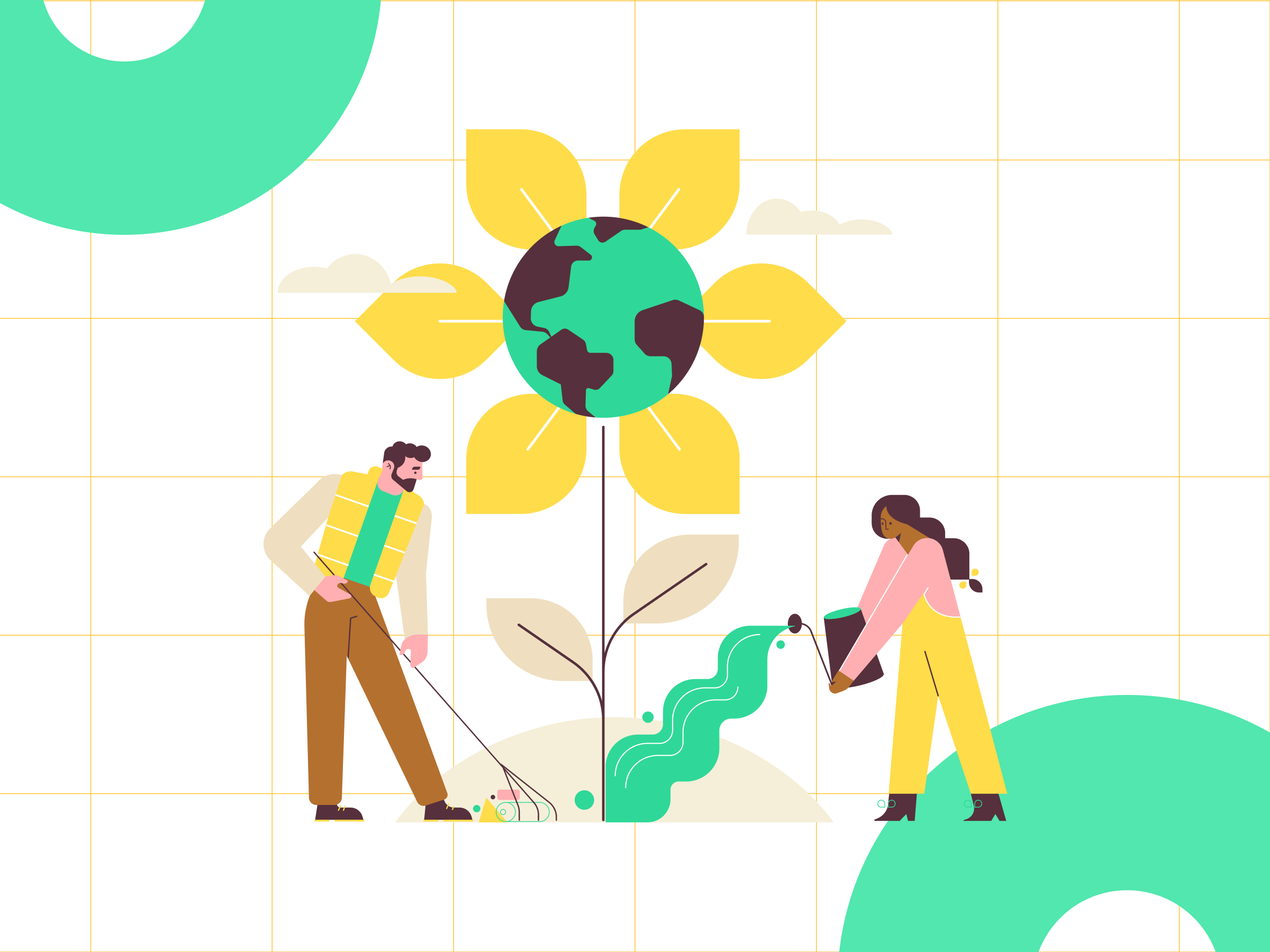 Two people tend to the soil around a giant sunflower with the Earth at its centre.