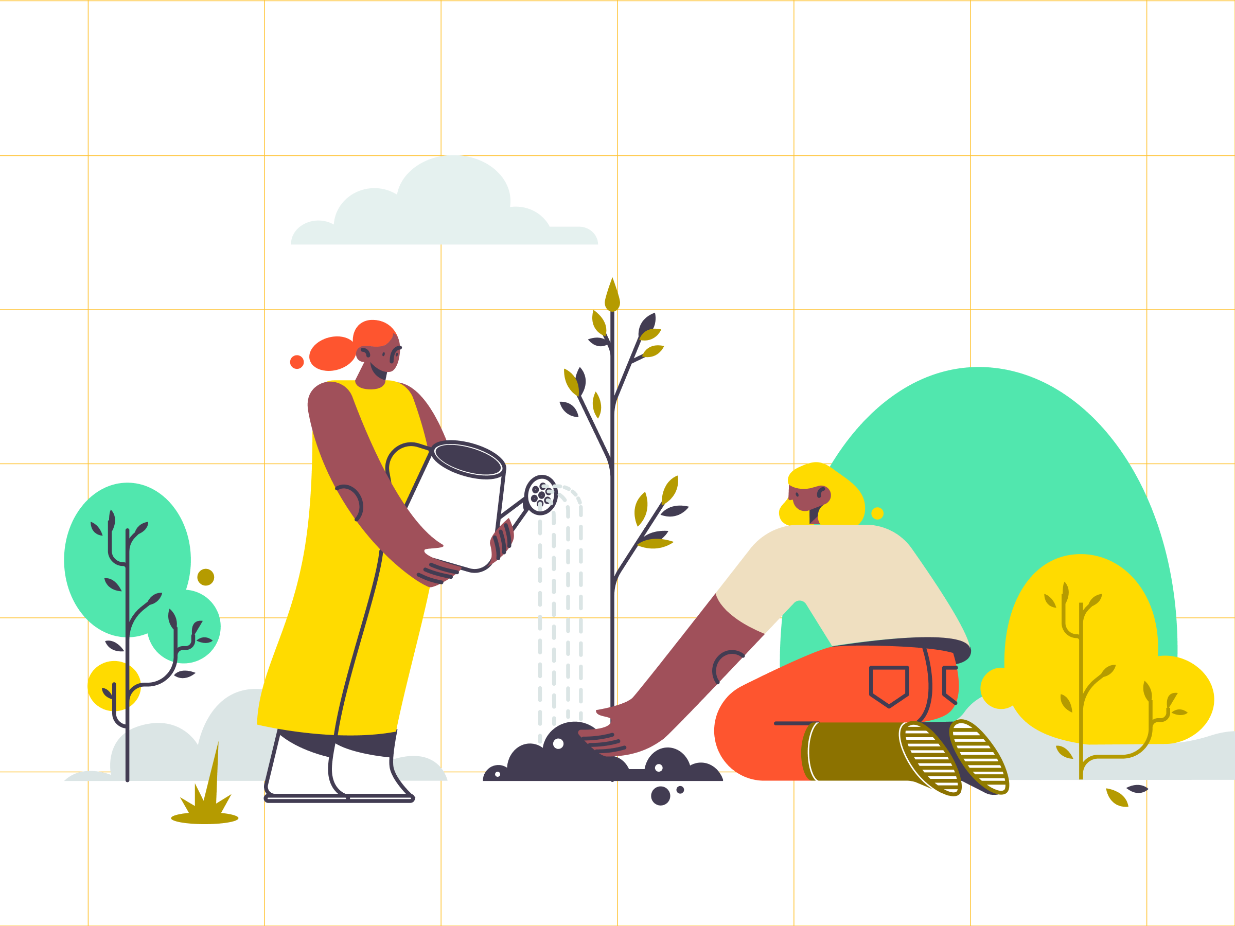 Two individuals work together to plant and water a young sapling.
