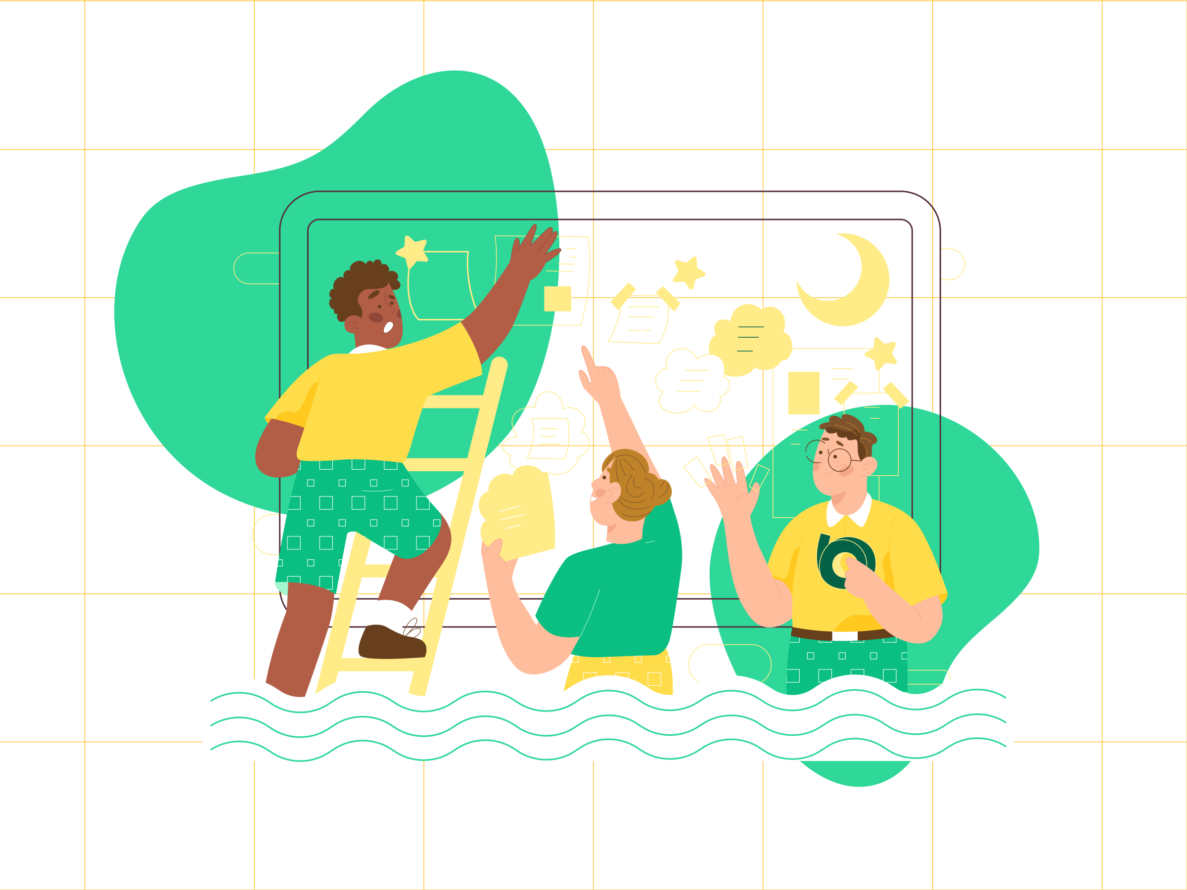 A diverse team collaborates on a whiteboard using sticky notes and sketches.