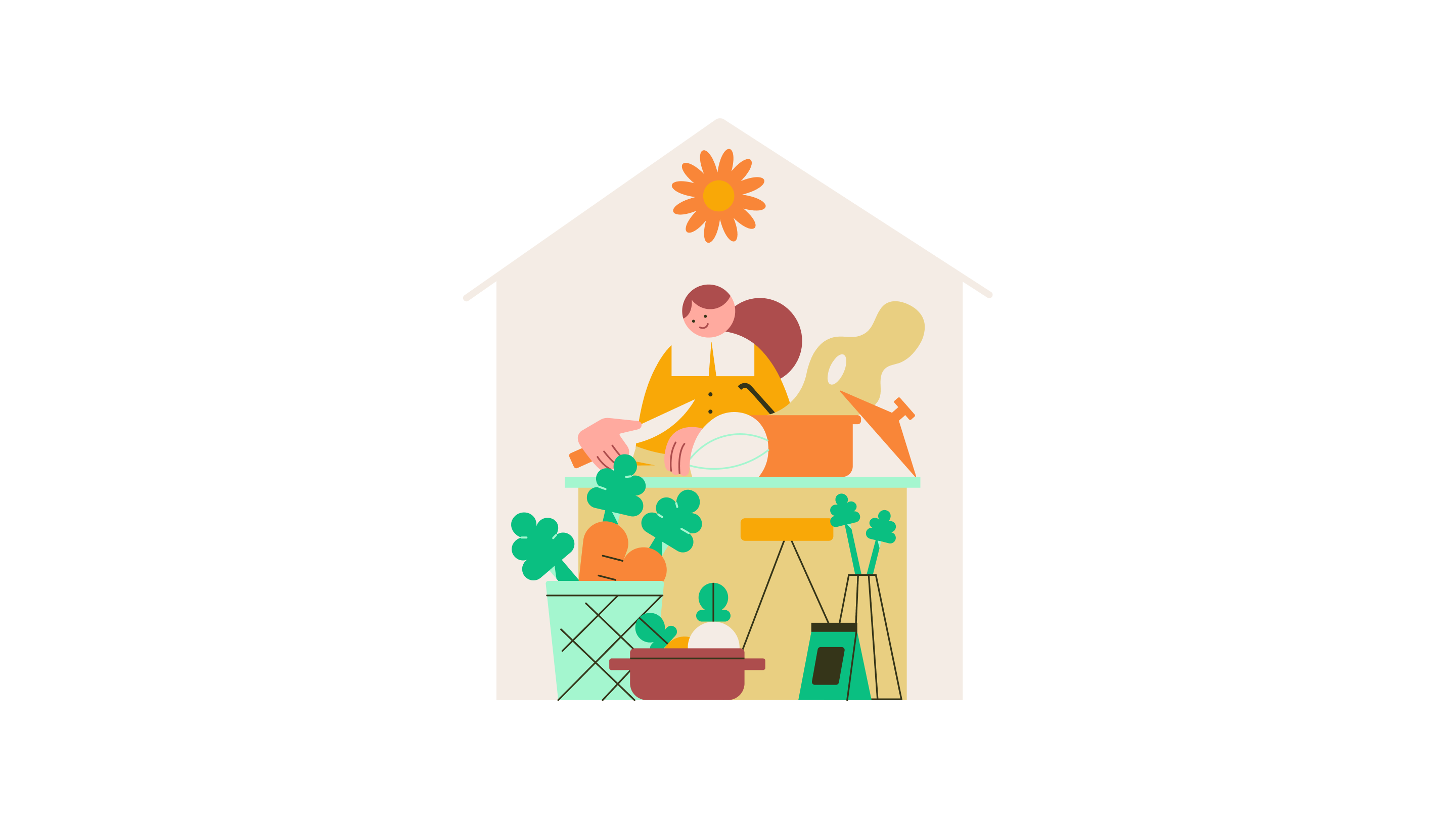A person peacefully repots house plants inside a sunlit, house-shaped frame.