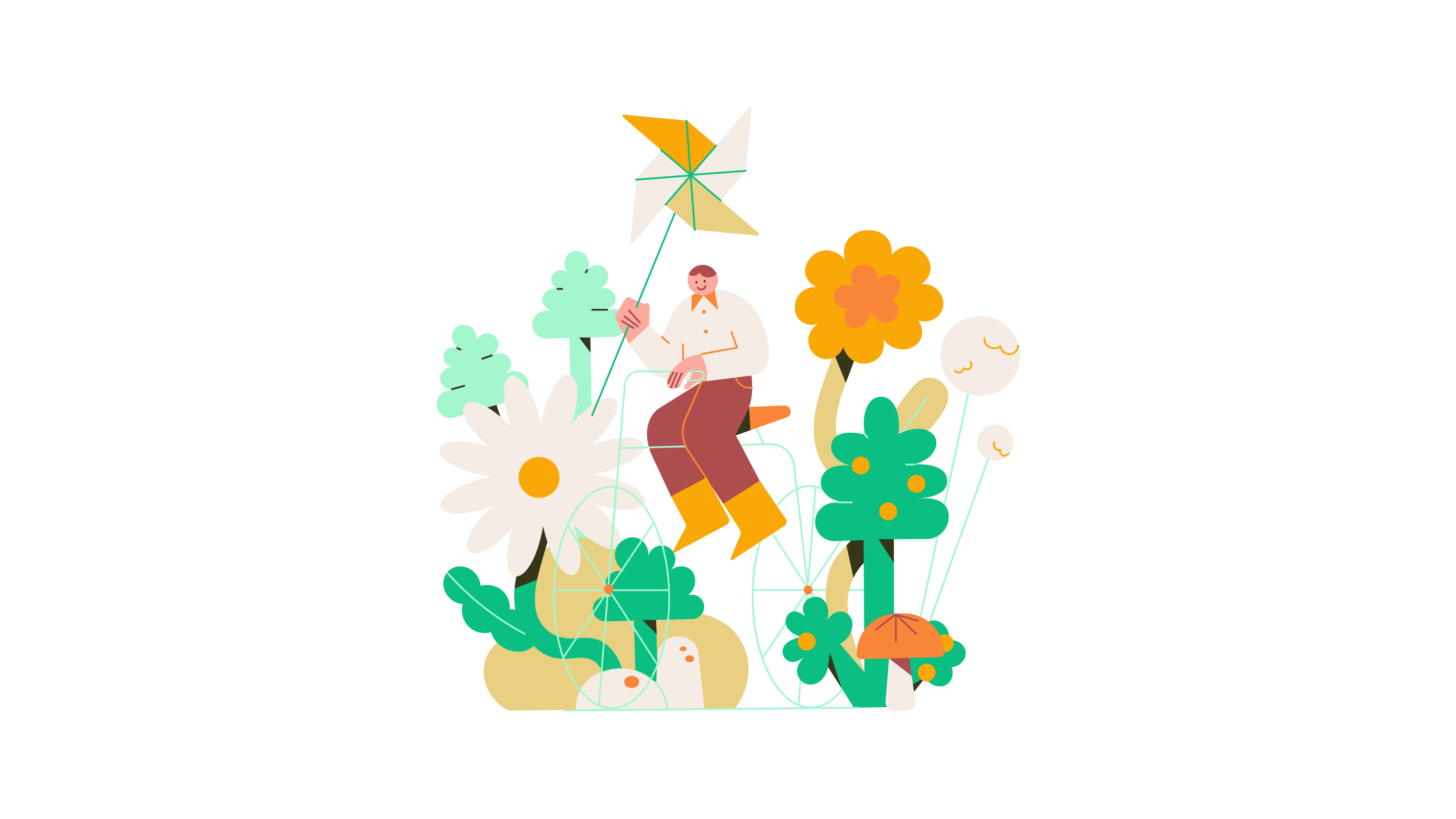 An individual relaxes amongst oversized flowers, plants, and a toy windmill in a vibrant garden.