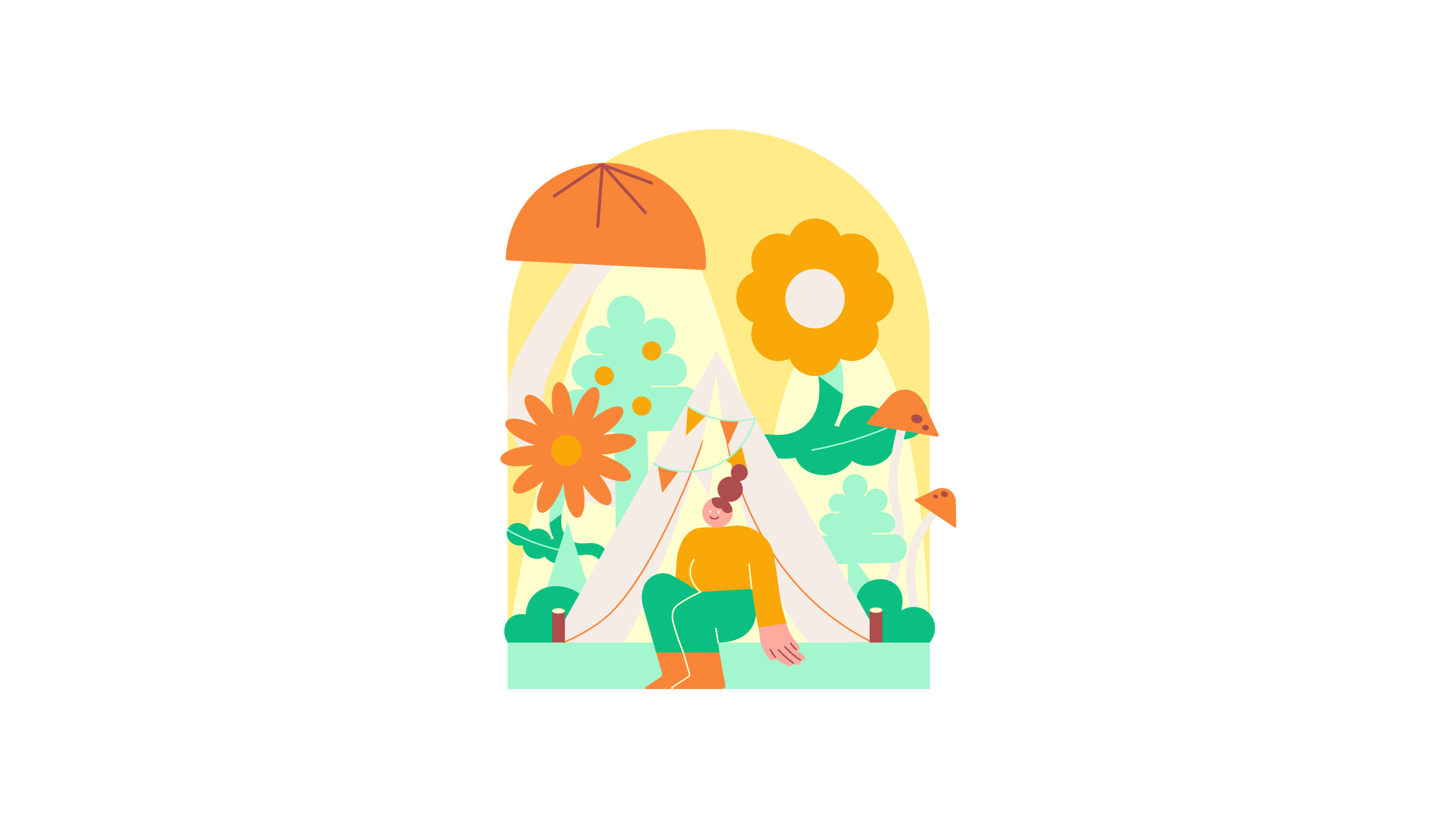 A person relaxes inside a cosy tent surrounded by giant, colourful flowers and trees.